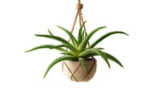 Aloe Vera Plant in Jute Hanging Pot isolated on a transparent background