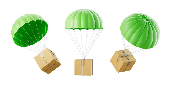 Three cardboard boxes attached to green parachutes in mid-air, 3D Rendering style, isolated on white background. Concept of shipping and air delivery