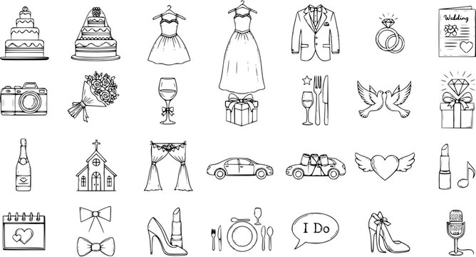 Hand-Drawn Wedding and Marriage Icons Set. Doodle Sketch Style Vector Illustration of Bridal Objects, Ceremony Elements, and Celebration Symbols.