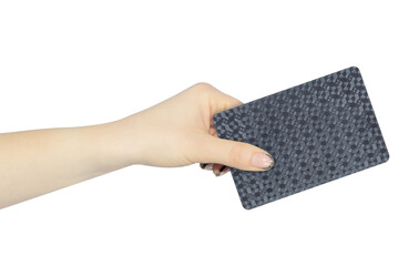 playing card in hand, outstretched hand with black playing card isolated from background