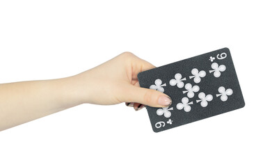 playing card clubs 9 in hand, outstretched hand with black playing card isolated from background