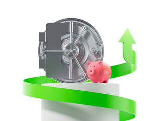 Pink piggy bank and open vault door with green upward arrow on white background, 3D Rendering, symbolizing savings, investment, and financial growth