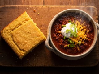 Overhead shot of a bowl of chili topped with sour cream, cheese, and green onions, alongside a piece of cornbread on a wooden board.
