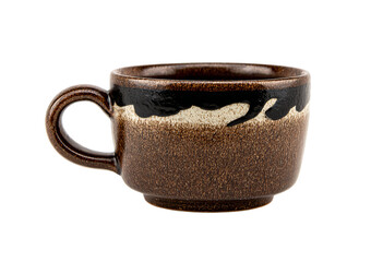 Brown ceramic cup with black glaze isolated on a transparent background