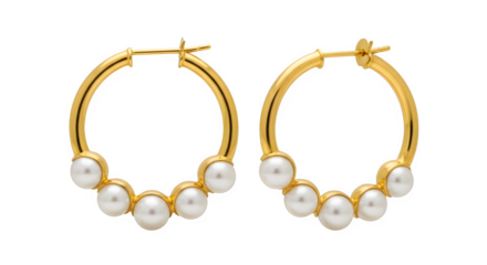 Elegant gold hoop earrings with pearls isolated on transparent background for jewelry design
