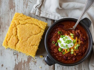 A hearty bowl of homemade chili con carne topped with cheese and sour cream, served with a side of cornbread on a rustic wooden table.