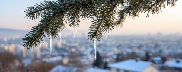 Winter landscape with pine tree branch and icicles overlooking snowy city