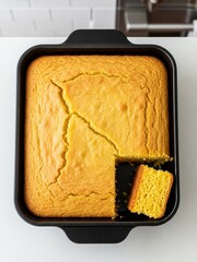 Overhead view of freshly baked golden cornbread in a black square pan with a single slice removed.