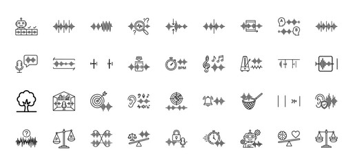 Audio and voice technology line icon set. Vector pictograms of sound waves, microphone, robot, equalizer, ear, metronome, player, dna and lock, thin linear illustration.