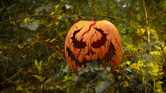 Creepy bleeding pumpkin smiling wickedly in cursed autumn forest. Soft haze glowing in early mist light, All Hallows Eve. Evil jack o lantern radiating dark magic among twisted branches in haunted