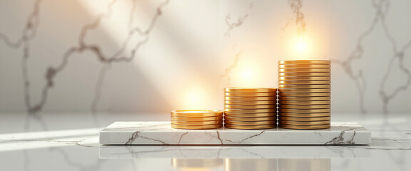 Stacked coins forming an upward trending bar chart on marble platform  