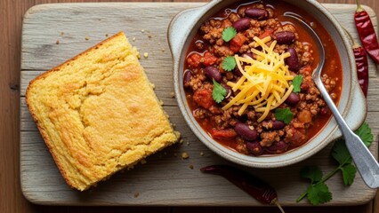 A hearty bowl of chili con carne with kidney beans, topped with shredded cheese and cilantro, served with a slice of cornbread.