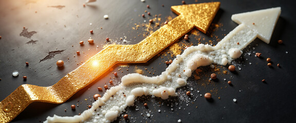 Golden and white arrows showing growth trend on dark background  