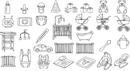 Hand Drawn Baby and Newborn Essentials Outline Icons Collection: Vector Sketch of Infant Care Items, Toys, Furniture, and Accessories