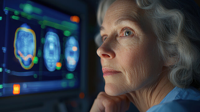 Doctor analyzing medical scans on a computer screen, healthcare concept. An older woman examines medical imaging, possibly diagnosing a patient's condition.