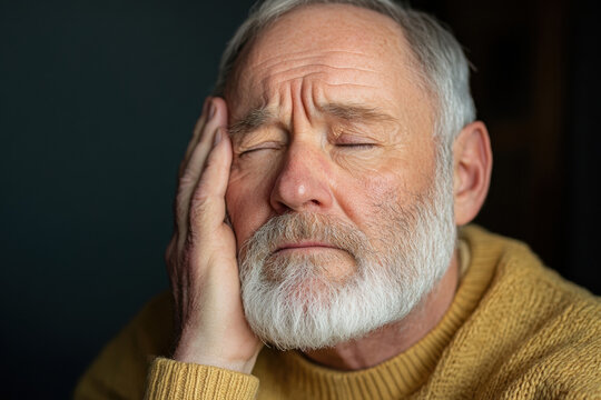 Senior man with eyes closed, hand on face, looking pensive and worried. An older man with a white beard and closed eyes appears to be deep in thought, possibly experiencing stress.