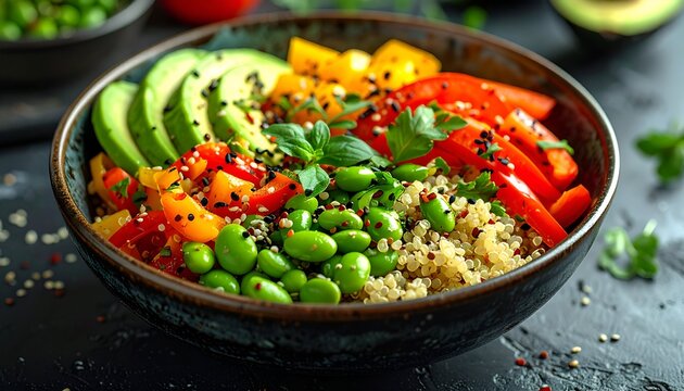 Colorful healthy vegetarian bowl with fresh ingredients on dark background