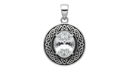 Silver celtic knot pendant with clear gemstone isolated on transparent background
