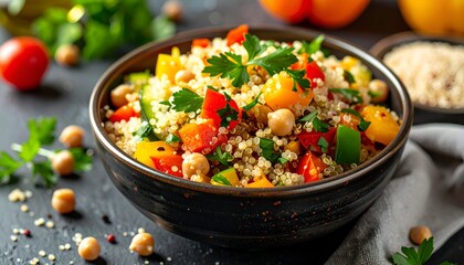 Colorful quinoa salad in a bowl with fresh vegetables and herbs
