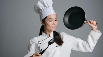 女性が夏のスタジオでシェフ姿のまま笑顔を見せる様子