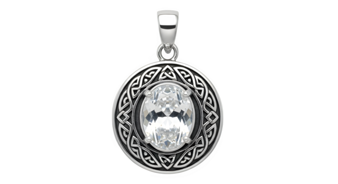 Silver celtic knot pendant with clear gemstone isolated on transparent background