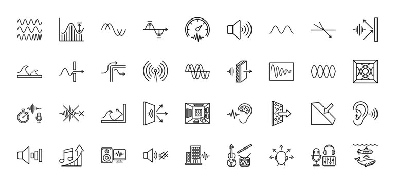 Acoustics and sound technology line icon set. Vector pictograms of waves, speaker, absorption, and frequency, thin linear illustration.