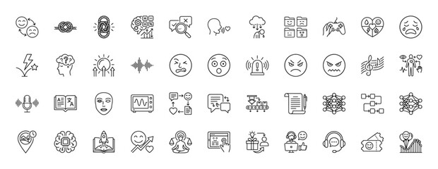 Emotion, feeling, and artificial intelligence line icon set. Vector pictograms of psychology, connection, brain, and technology, thin linear illustration.