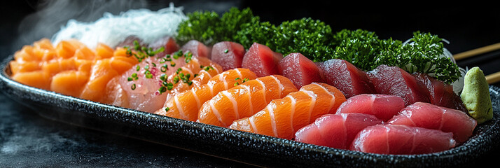 Fresh sashimi platter with ice served for lunch or dinner Generative AI