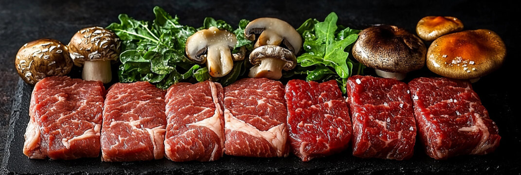 Freshly sliced beef and assorted mushrooms on black stone Generative AI - Powered by Adobe
