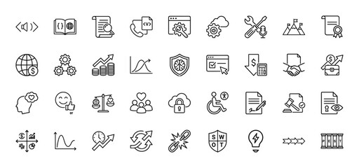 Business and technology line icon set. Vector pictograms of settings, finance, security, and accessibility, thin linear illustration.