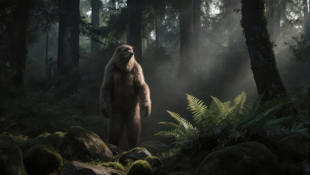 Mysterious Bigfoot creature emerges from the dark, misty forest at dusk.