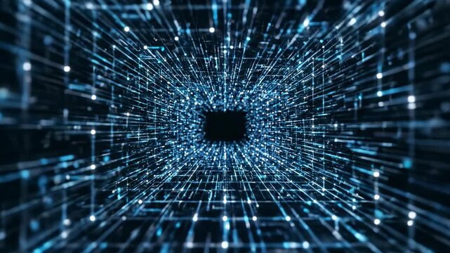 Futuristic 3D digital wireframe grid structure smoothly building up from complete transparency before dissolving back into darkness simulating complex data flow minimal, futuristic, communication