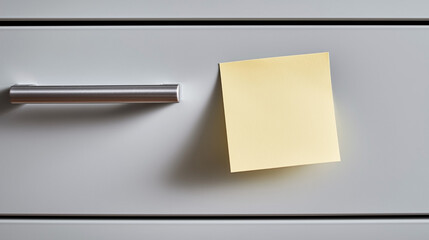 A yellow sticky note is stuck to the inside of a drawer
