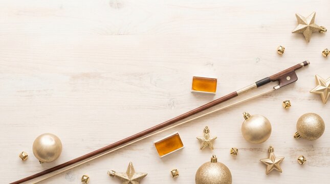 Violin bow, rosin and golden Christmas ornaments on white wooden background. Festive musical composition for holiday season greeting card or concert flyer with copy space.