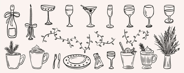 Christmas dinner party doodle set include festive drinks, cocktail, wine, champagne, glassware and holiday celebration tableware. Hand drawn vector collection with hot drink mugs and garlands.