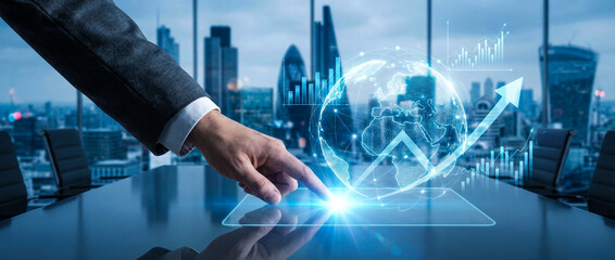 Business Hand Touching Financial Growth Chart Hologram: Global Investment and Future Success Concept
