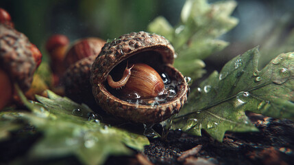A macro shot of an acorn opened revealing the seed within, set amongst damp leaves, conveying the beauty of nature. The image highlights nature's details.