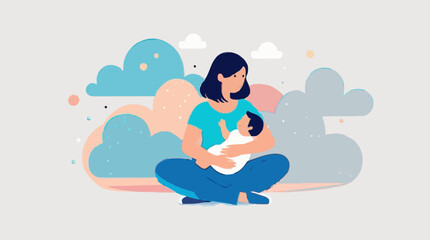 Mother and Child: A tender illustration depicts a mother cradling her infant, embodying maternal love. The scene evokes a sense of protection. 
