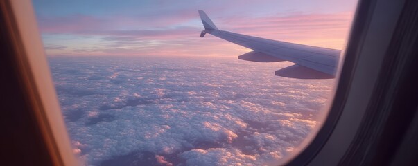 Stunning aerial view of a vibrant sunset from an airplane window above the clouds