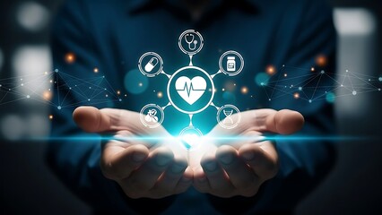 Healthcare innovation person presenting holographic medical icons for health technology and digital transformation in medicine and patient care advancements