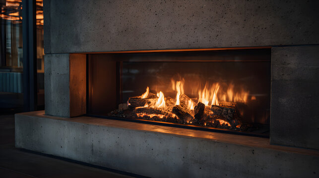 Modern concrete fireplace with burning logs creating warmth - Powered by Adobe