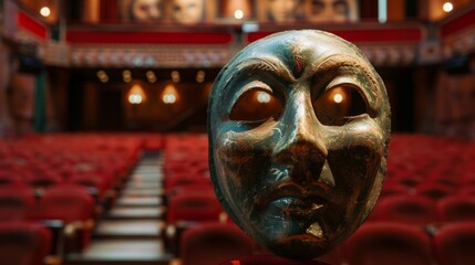 A theatrical mask against the atmospheric backdrop of an empty auditorium symbolises art and tradition, ideal for cultural projects or theatre posters.