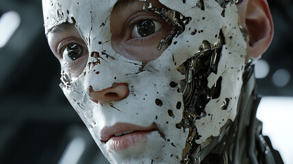 Realistic skin splitting to reveal robotic structures beneath in a cinematic frame 