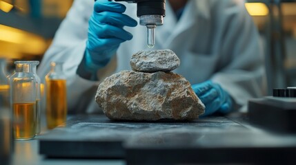In the laboratory, a scientist wearing gloves examines rock samples under a microscope, illustrating scientific discoveries and innovations — a fitting thematic backdrop  