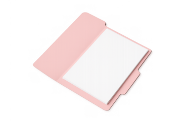 Pink file folder opening, showing blank white paper sheets, a clean document storage concept with transparent background