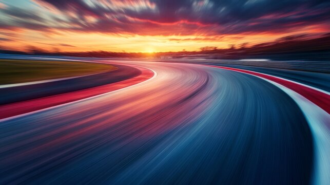 A dynamic track with blurred edges under a sunset sky emphasises speed and movement — the perfect atmospheric backdrop for advertising sports cars or extreme sports.