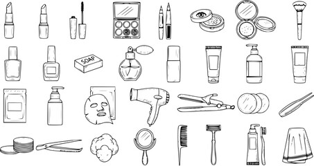 Hand-Drawn Doodle Sketch Icons Set of Beauty, Cosmetics, and Personal Care Products for Daily Routine, Hygiene, and Grooming on White Background