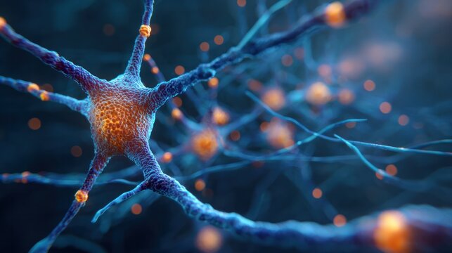 Vivid Neuron: a close-up, dynamic representation of a neuron, its intricate structure illuminated with vibrant colors. This image underscores the complexity of the brain