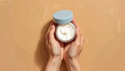 Gentle hands holding luxurious face cream for skincare routine against a neutral beige backdrop, promising radiant skin and beauty wellness secrets revealed
