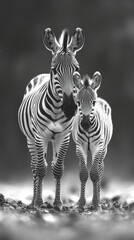 Obraz premium A black-and-white photo of two zebras in nature emphasises the contrast and unity of wildlife, fitting perfectly into the background of presentations on biodiversity or animal conservation projects.